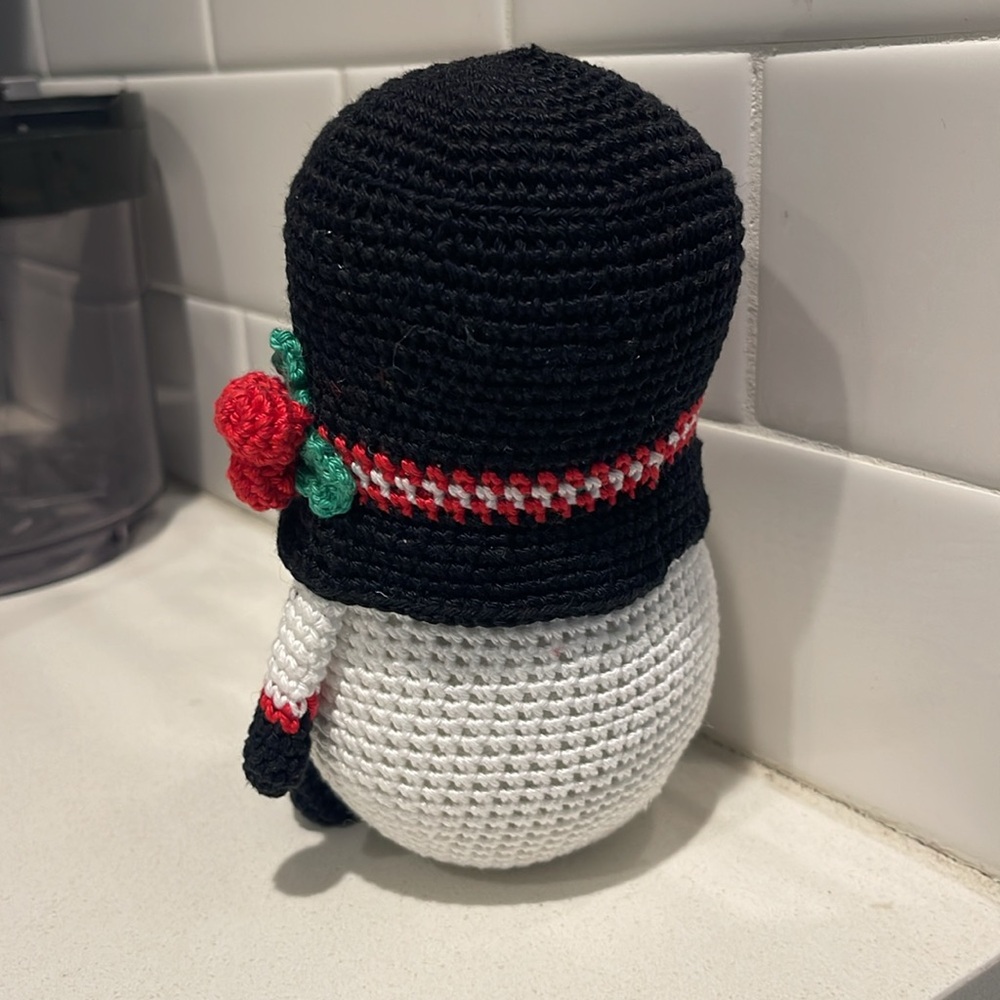 Handcrafted Snowman Gnome with Holly Winter Holiday Seasonal Christmas Crochet - Picture 8 of 12